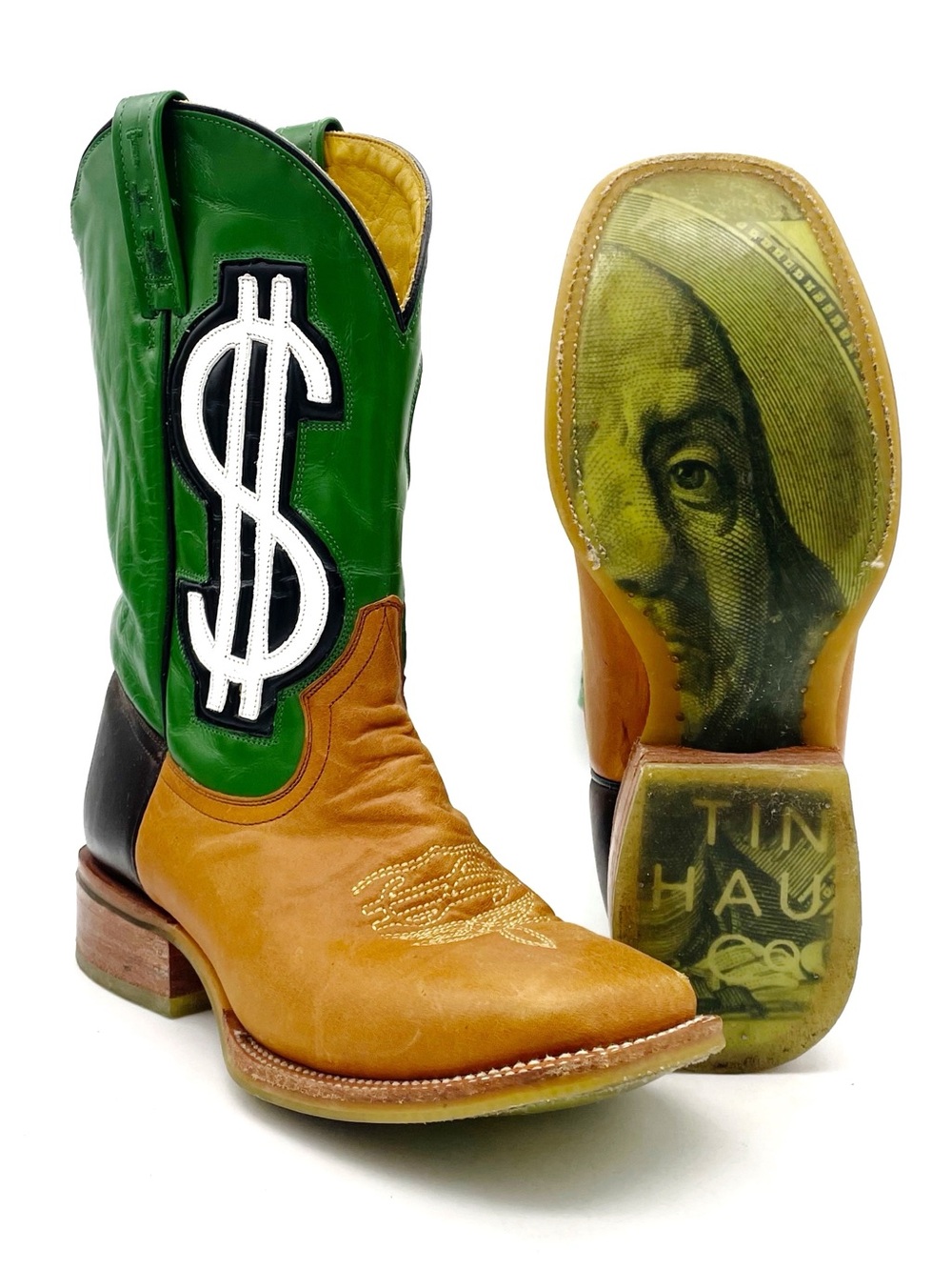 Tin Haul Cash Money Cowboy Boots Men’s Sz 10 D Green Dollar Sign Western Leather